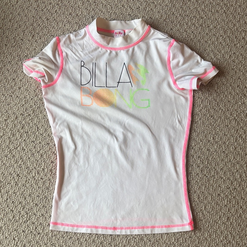 Billabong White Tee with Neon Pink Trim and Multicolor Logo